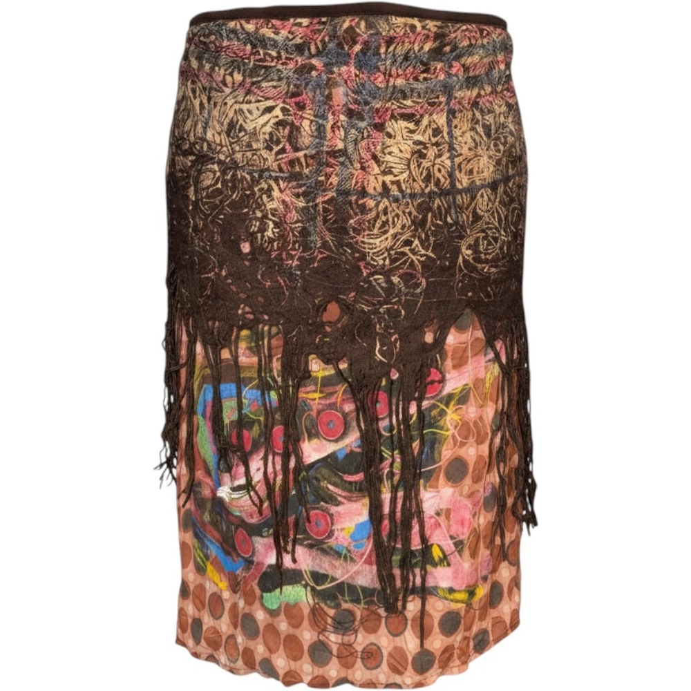 Save The Queen Skirt Womens M Brown Good Mesh Fringe Distressed Y2K Made Italy
